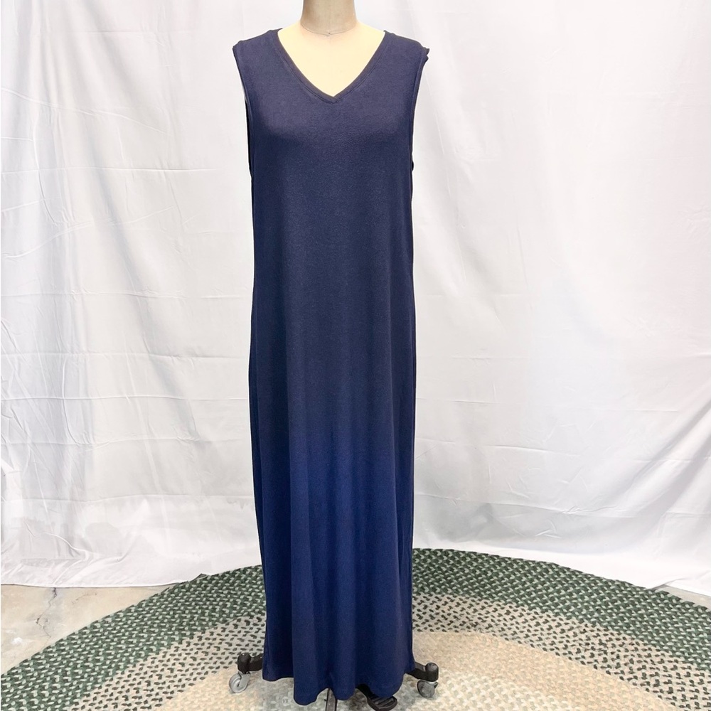 LL Bean indigo long maxi dress sleeveless v neck sundress navy blue stretchy - Picture 8 of 11